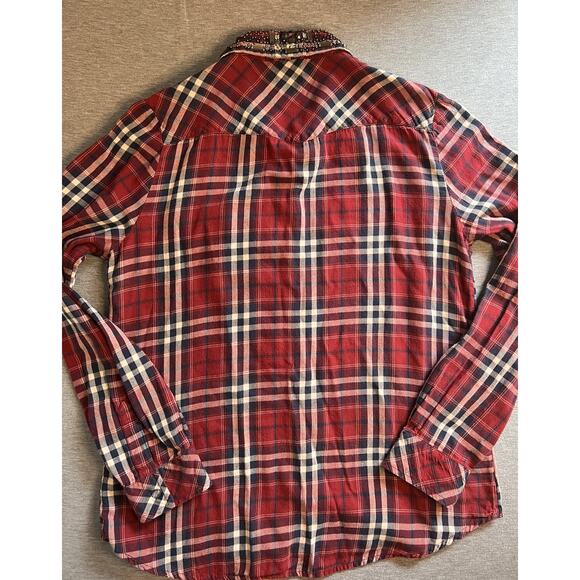 Guess Womens‎ Sz Med Snap Front Red Plaid Long Sleeve Shirt Embellished Collar - Picture 5 of 9
